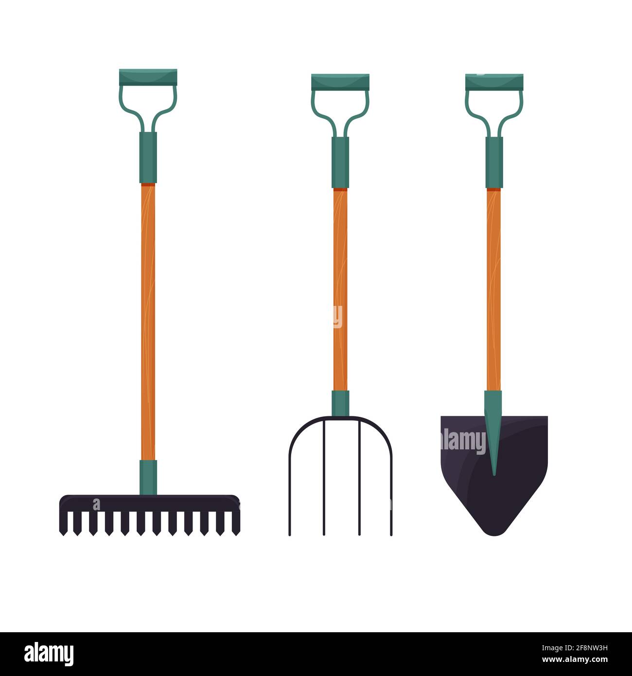 Set of farmer, gardening equipment in flat cartoon style, Planting tool kit isolated on white background. Cartoon rake for harvesting, garden shovel, pitchfork stock vector illustration. . Vector illustration Stock Vector