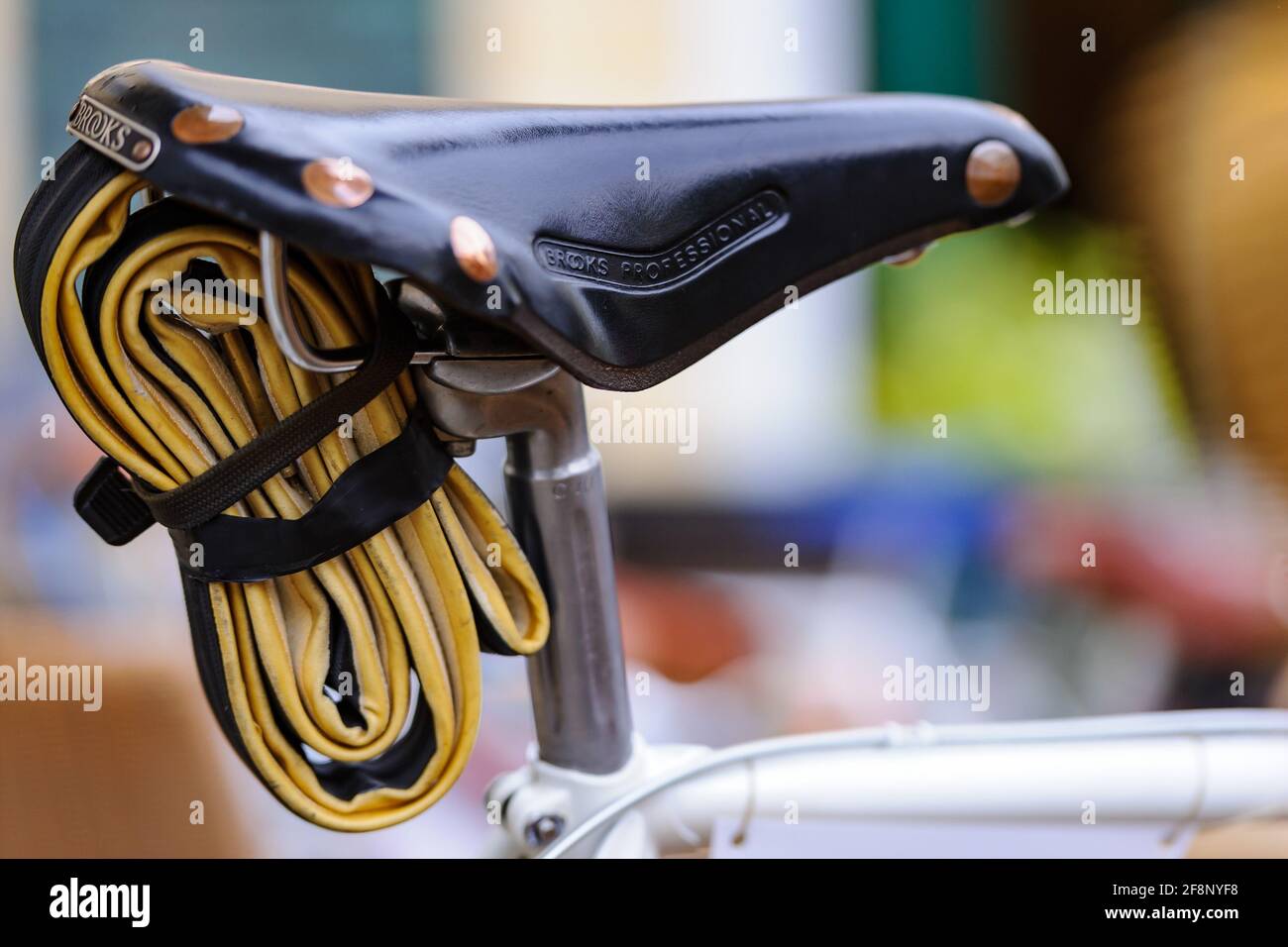 niedersulz, austria, 12 june 2016, tubular tire and brooks leather addle on a classic road bike at tha vintage bicycle event in velo veritas Stock Photo