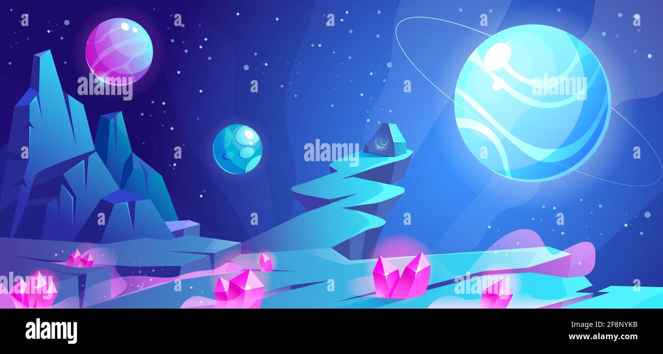 Space landscape, night alien fantasy planet surface with rocks, stone with secret sign, pink crystals and glow spheres in dark starry sky. Extraterrestrial game background, Cartoon vector illustration Stock Vector