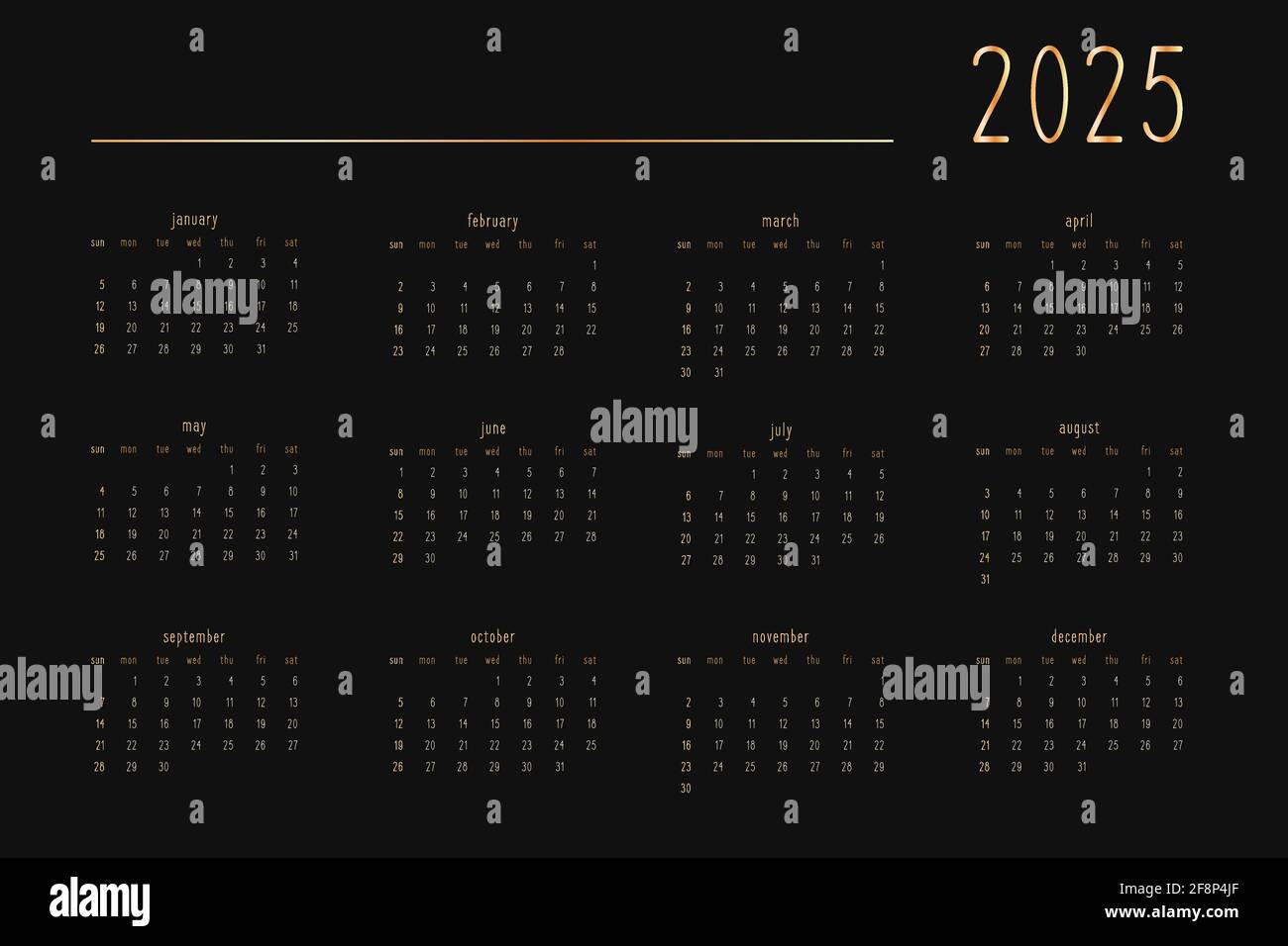 2025 calendar for personal planner diary notebook, gold on black luxury