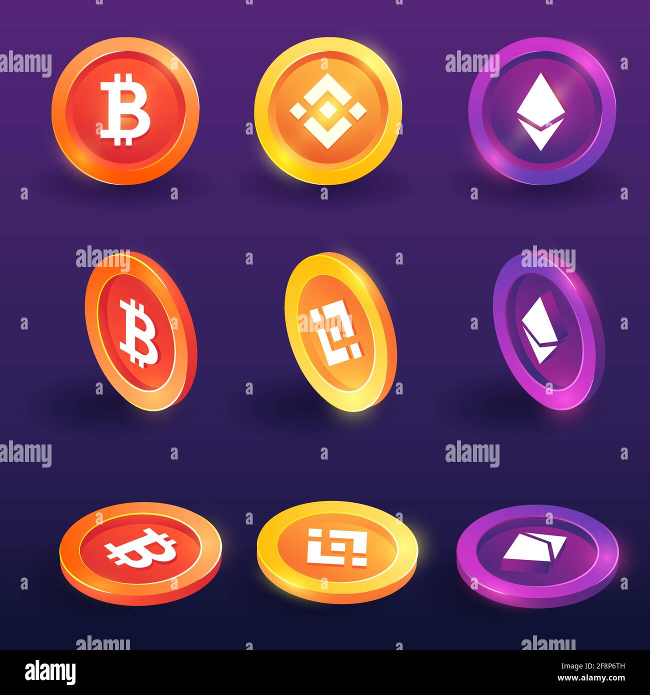 Cryptocurrency,Bitcoin, Binance and Ethereum token 3D,isometric concept vector on back background Stock Vector