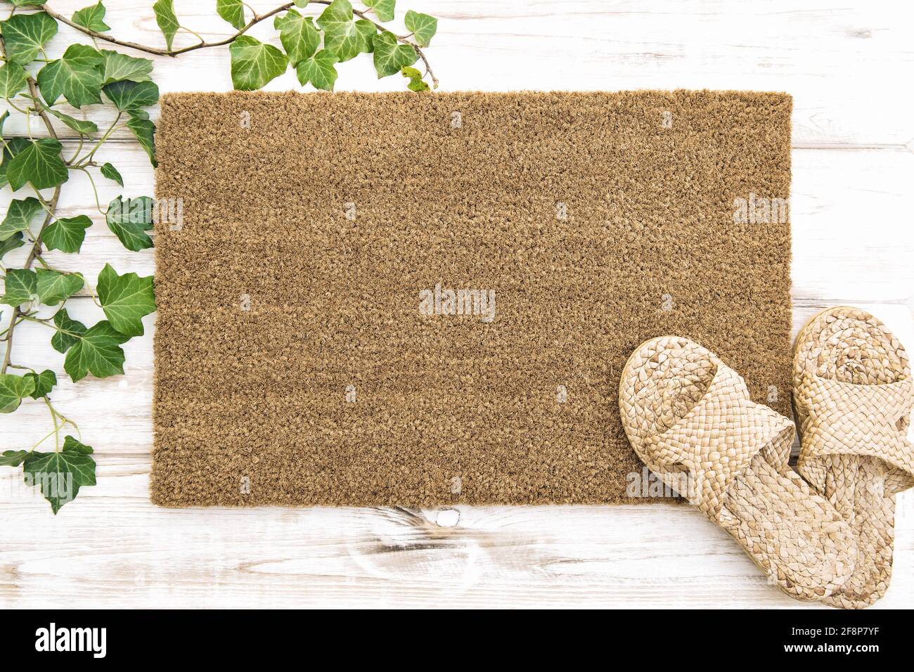 Doormat mockup. Template mock up with house shoes. Zero waste concept Stock Photo