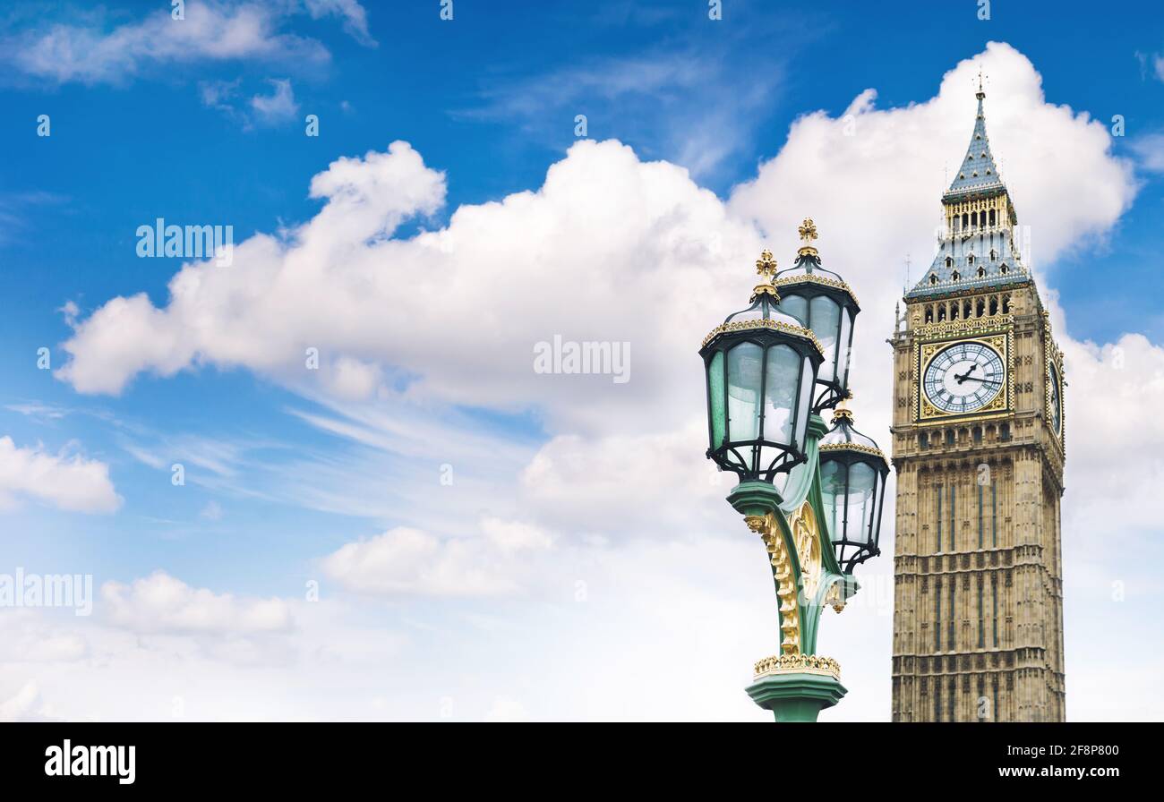House of Parliament in London. Big Ben over cloudy blue sky Stock Photo