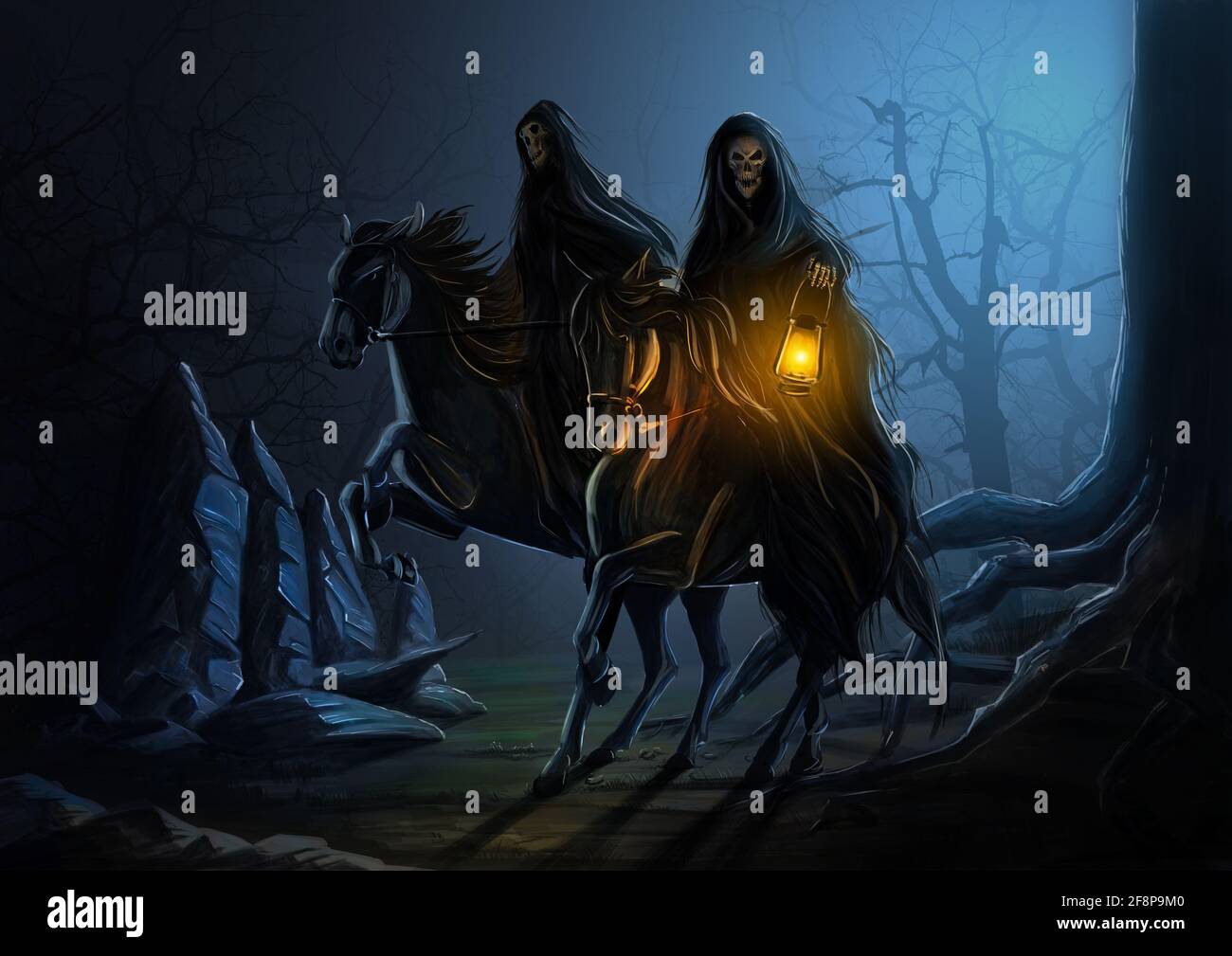 Two riders dark skeletons in the spooky forest. Evil monsters by the moonlight on the horses. Digital painting illustration. Stock Photo