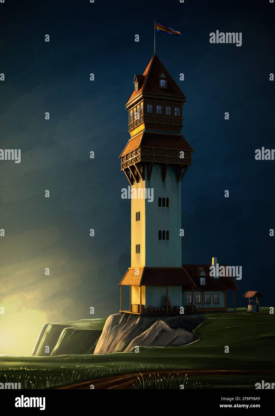 Medieval watchtower on the high cliff. Fantasy scene by the sunset. Digital painting illustration. Stock Photo