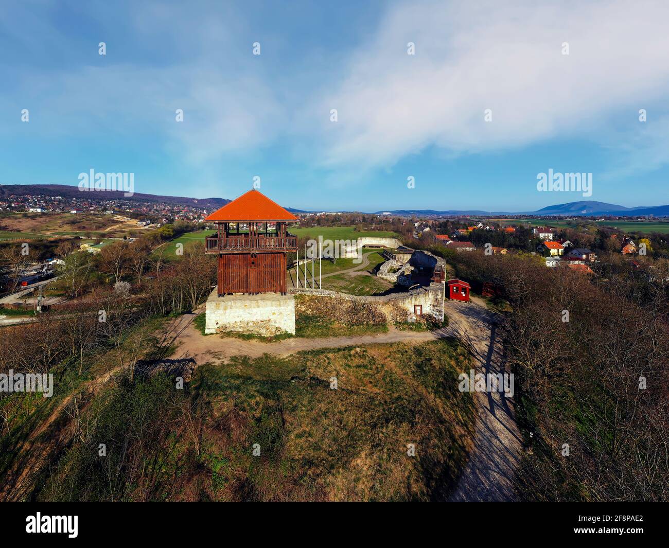 Castle ruins in Solymar city Hungary. historical reserved ruins near by  Budapest. Amazing panoramic aerial view about this place Stock Photo - Alamy