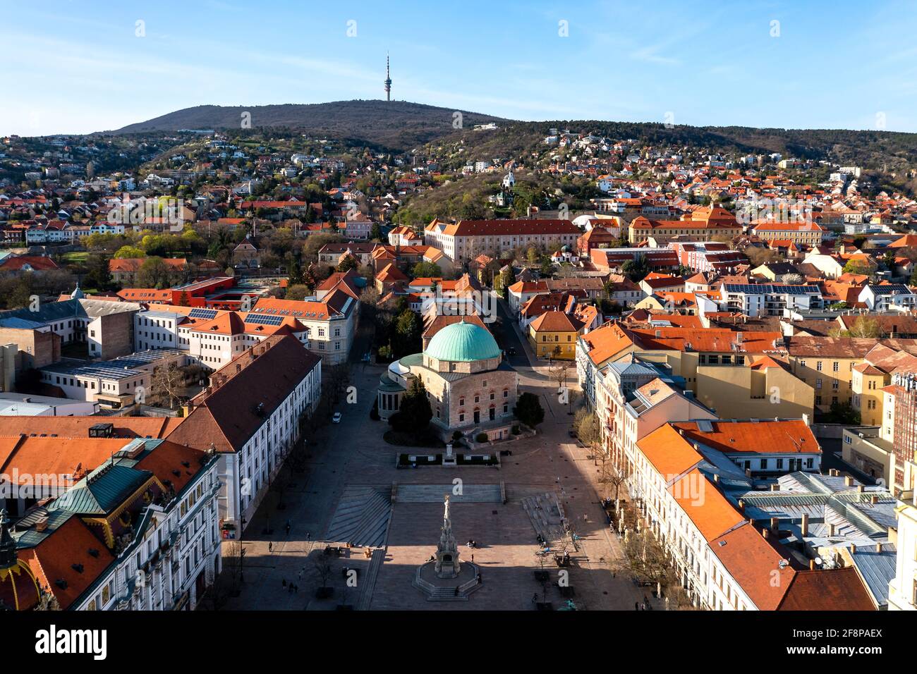 Aerial photo about the Szechenyi square in Pecs city Hungary. Amazing view with the downtown's church what name is Dzsami. Stock Photo
