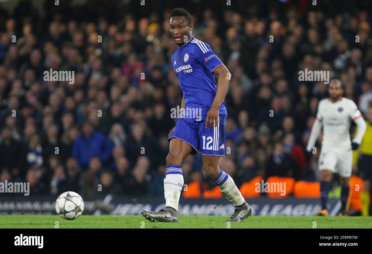 Mikel John Obi during the UEFA Champions League round of 16 match between Chelsea and Paris Saint-Germain at Stamford Bridge in London. March 9, 2016. Stock Photo