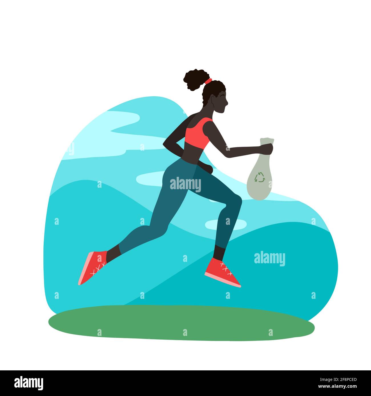 Plogging. Jogging african girl with a garbage bag in the park. An athlete caring for the cleanliness of the city. Vector flat illustration of Black sp Stock Vector