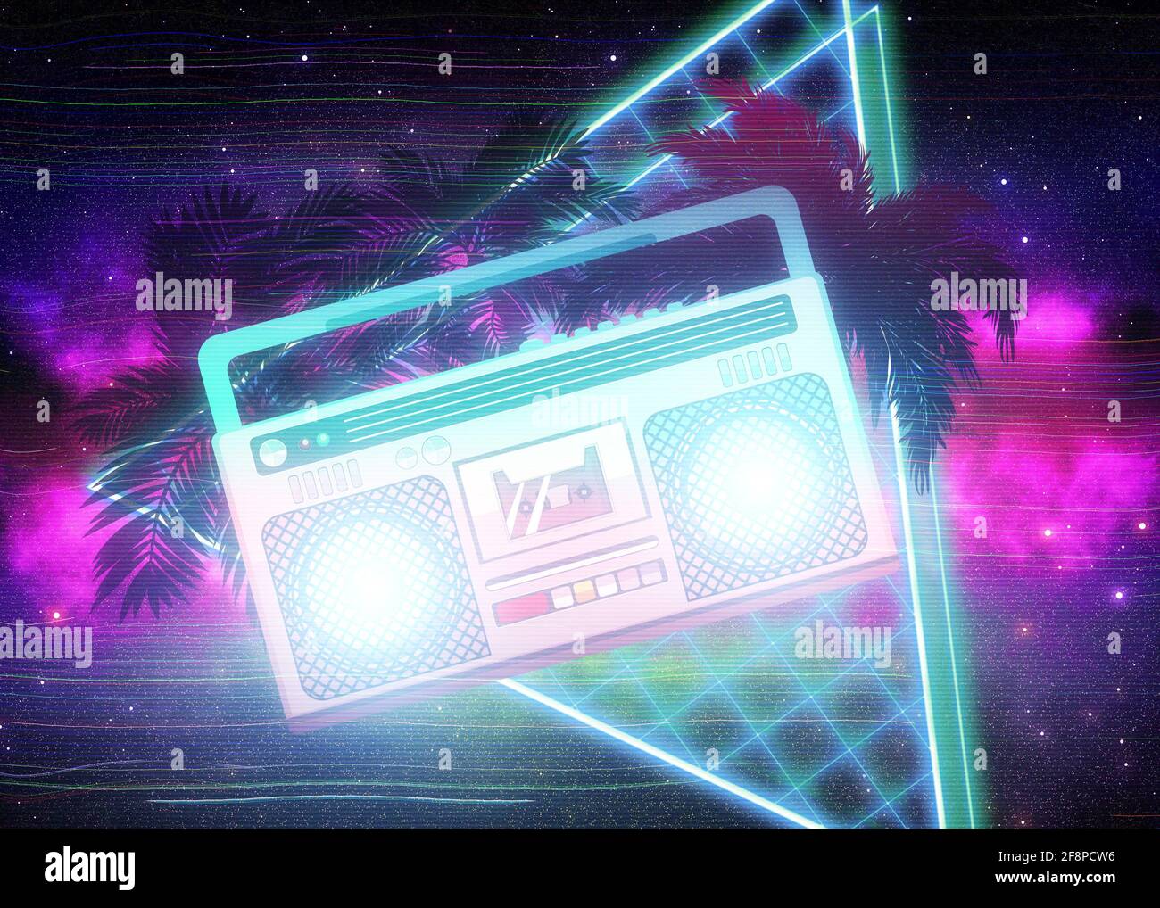 Abstract ghettoblaster, boombox retro vaporwave tropical design with