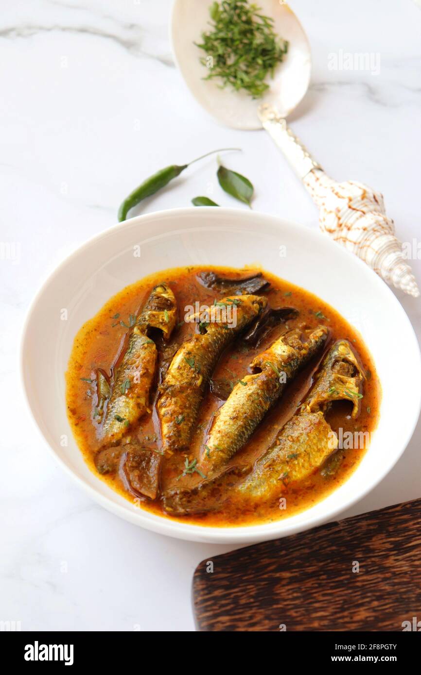 Indian fish curry. White Mullet fish curry made with dried mango and