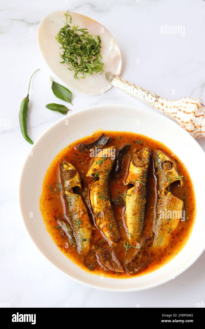 Indian fish curry. White Mullet fish curry made with dried mango and Indian spices. also known as Boi fish curry. copy space. Stock Photo