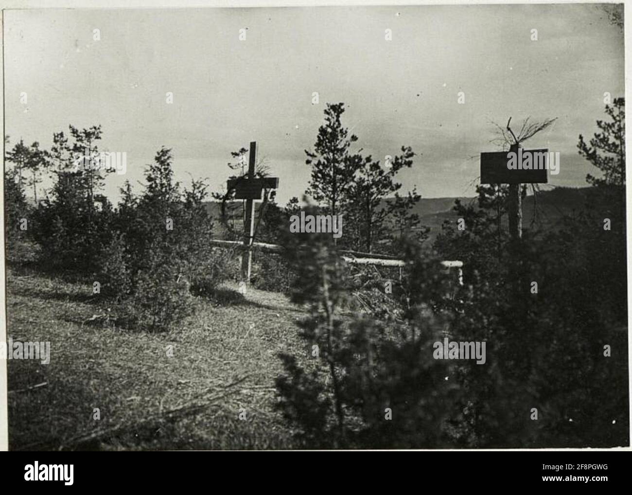 Memorial chairs for Colonel Muhr and Rittmeister Szantay of the 9th Hussar Regiment on Jablononec. . Stock Photo