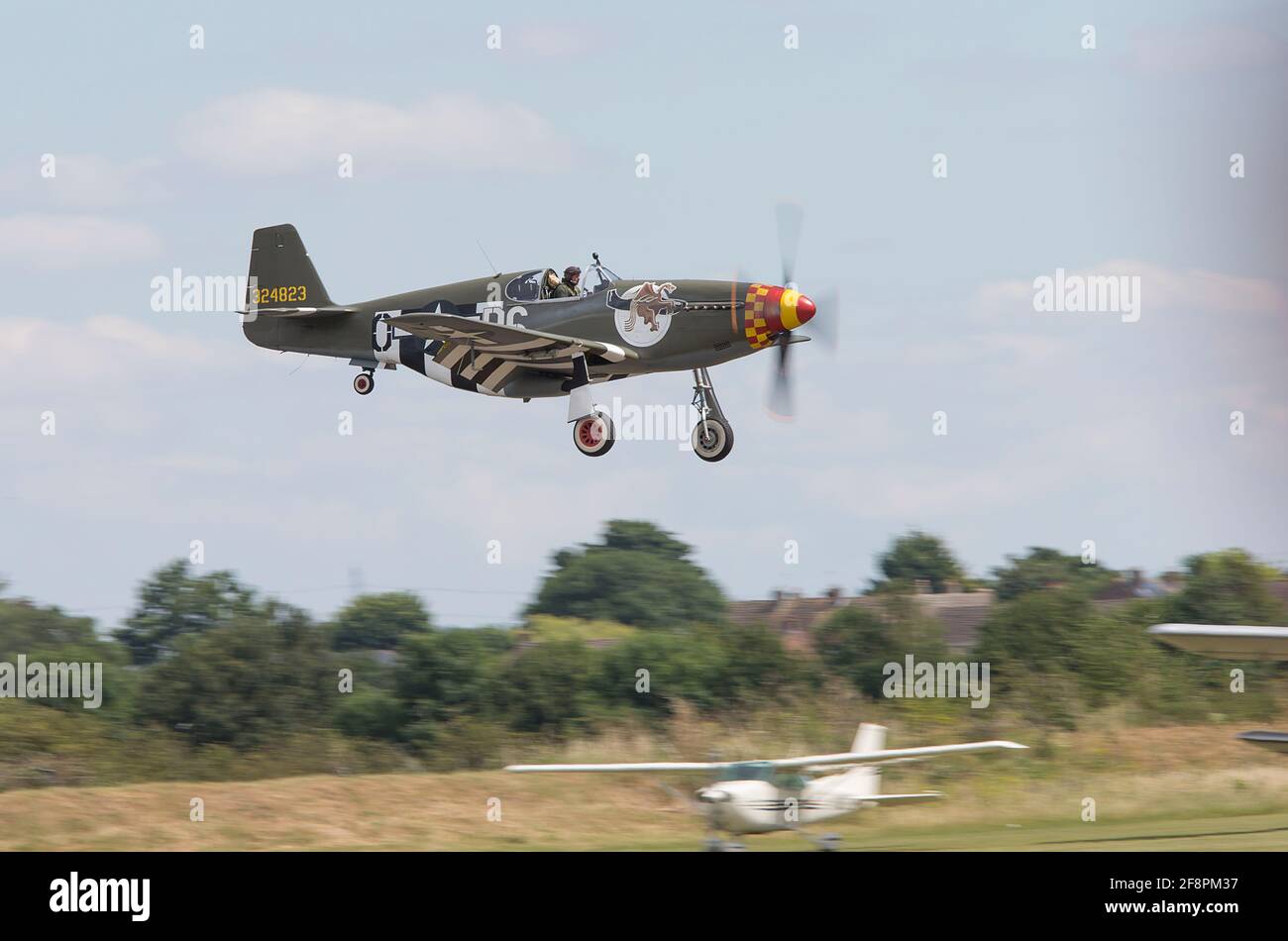 Mustang P51D display at Duxford - this one lost the canopy on the run into Duxford and came into and shortly afterwards Stock Photo