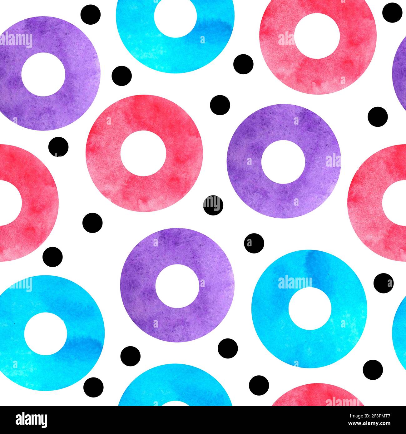 Watercolor seamless hand drawn pattern of 90s 80s memphis abstract style. Bright blue yellow pink purple geometric circle zig zag elements, funky hipster design for textile fashion wrapping paper Stock Photo