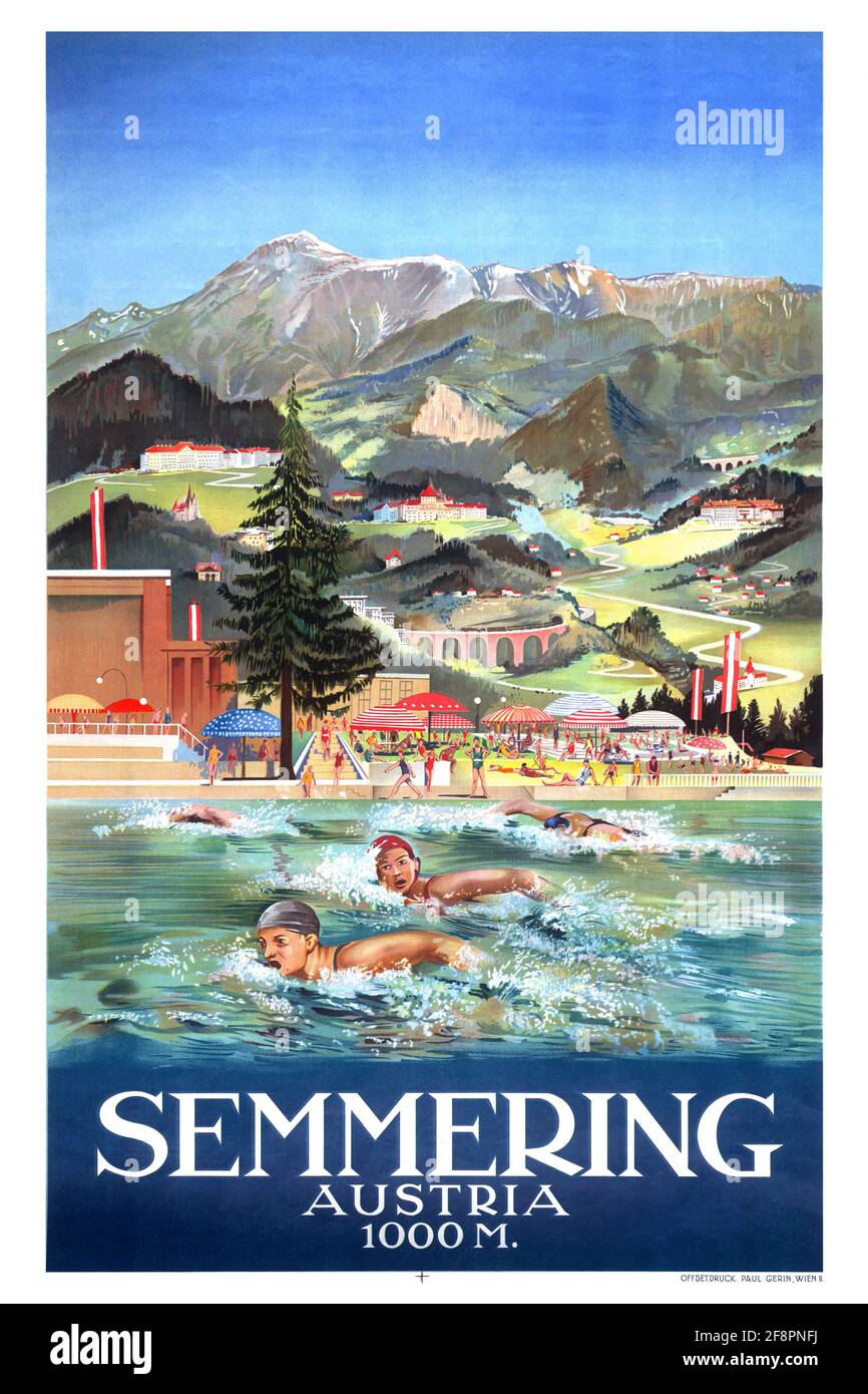 Restored vintage travel poster.Semmering - Austria - 1000m. Artist unknown. Poster published in 1928. Stock Photo