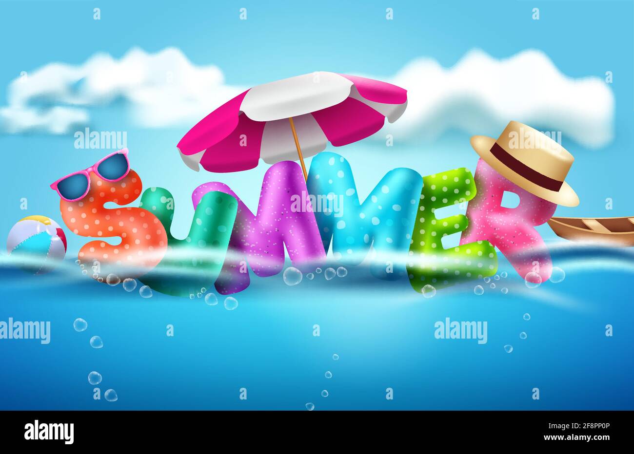 Summer 3d text vector banner design. Summer text in sea background with beach element like umbrella, sunglasses and hat for relax outdoor holiday. Stock Vector