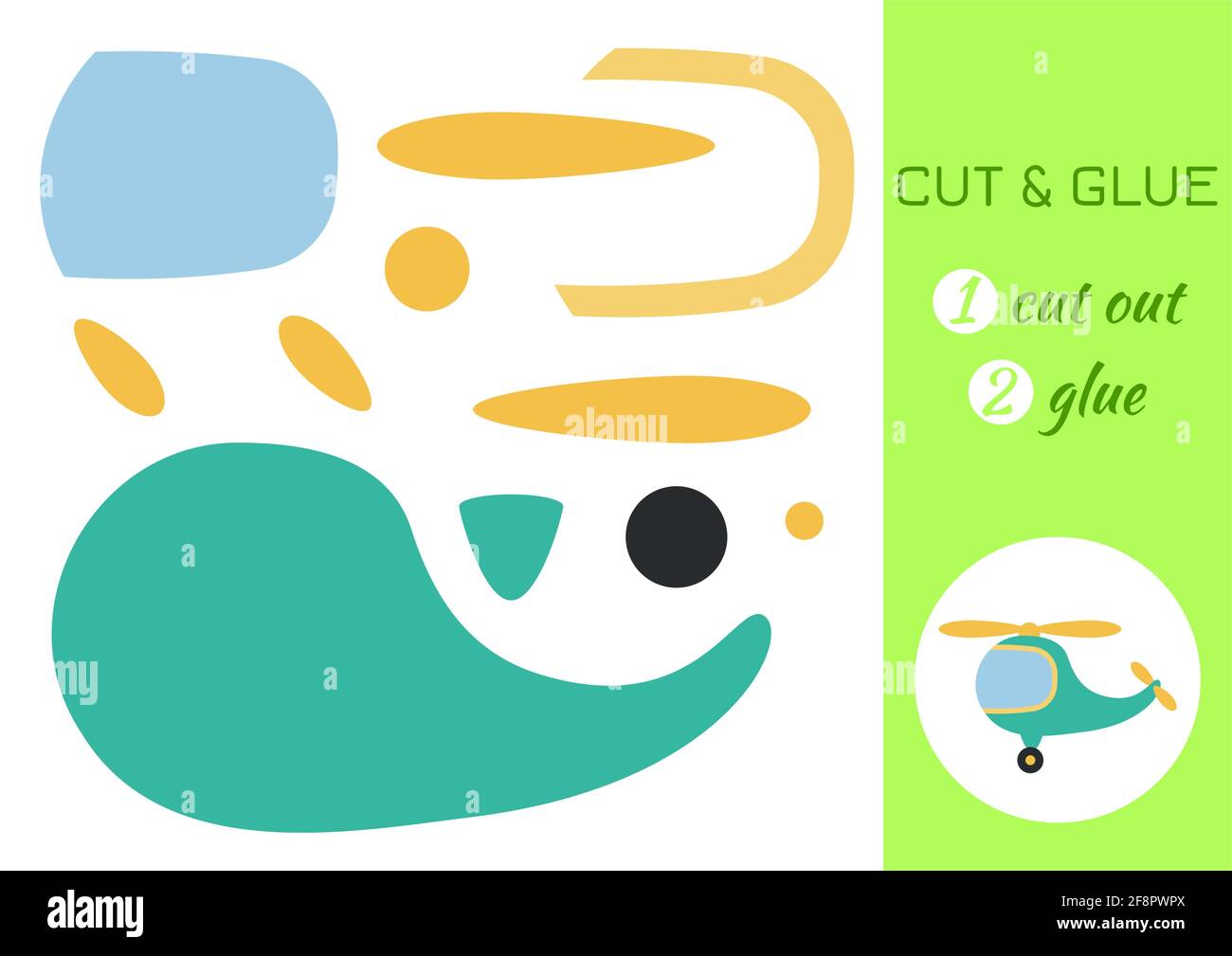 Cut and glue paper cartoon green helicopter. Cut and paste craft