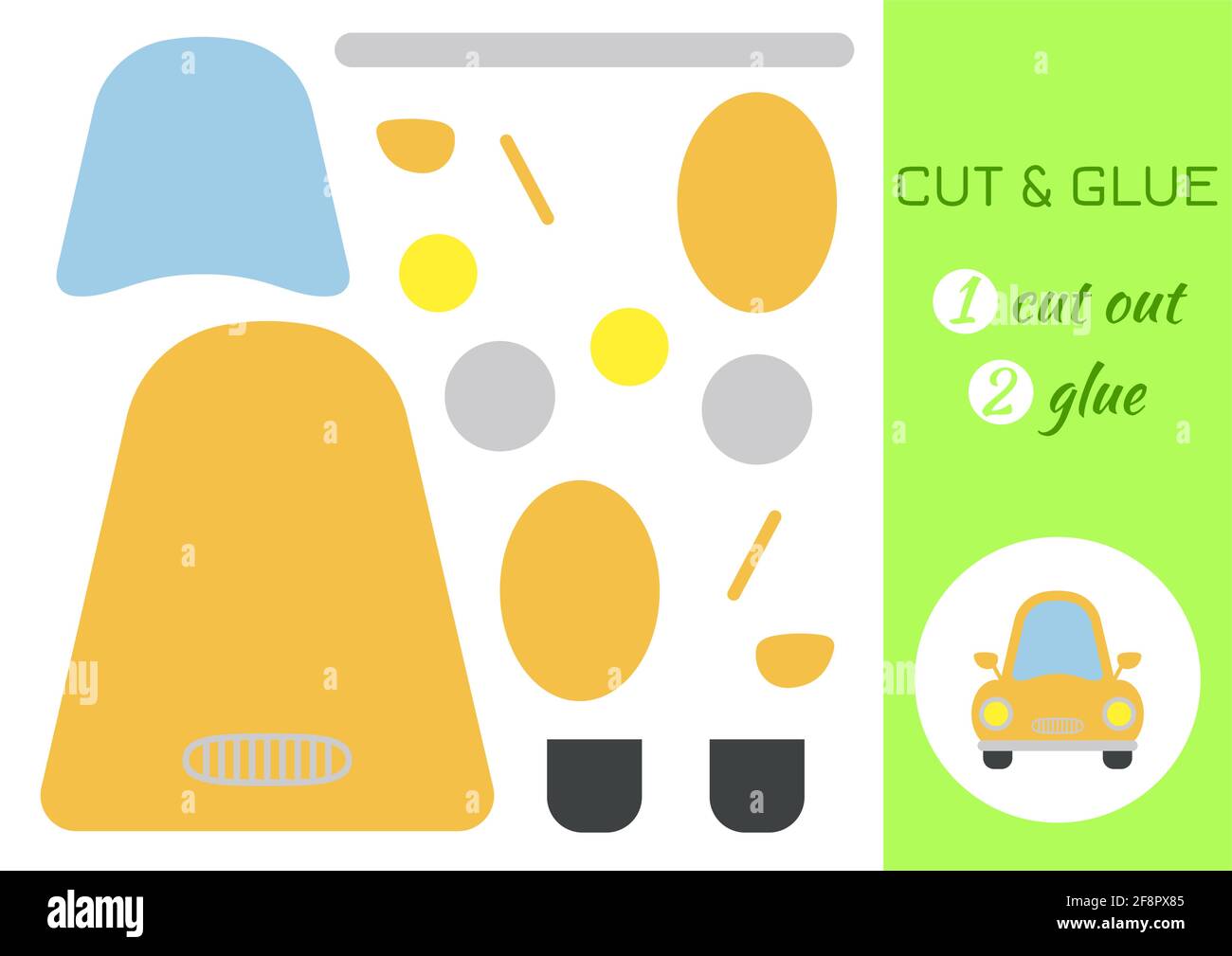 Cut and glue paper cartoon yellow car. Cut and paste craft activity