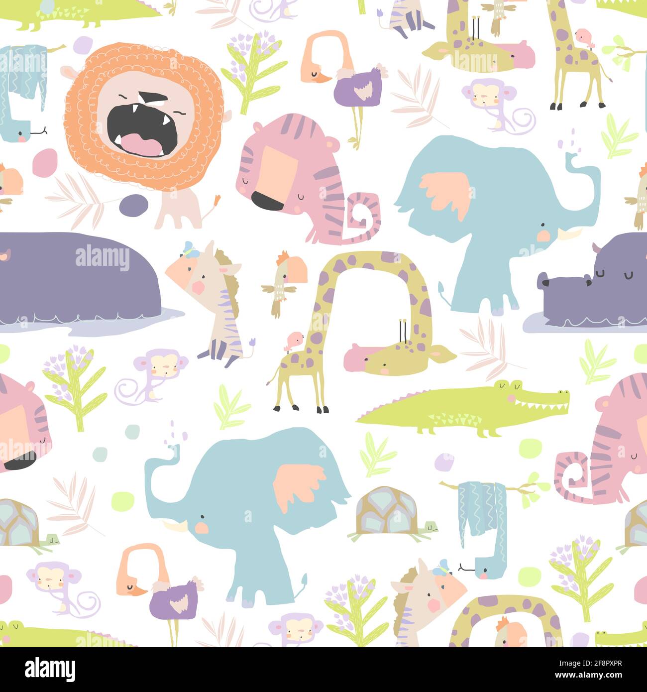 Seamless pattern with color wild animals on white background Stock Vector