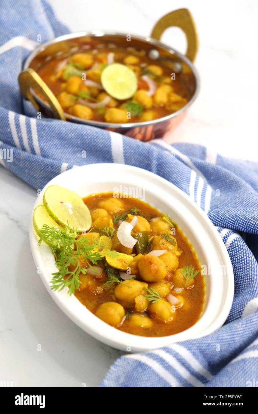 Indian food. Fresh chickpea masala, Chole masala curry, traditional