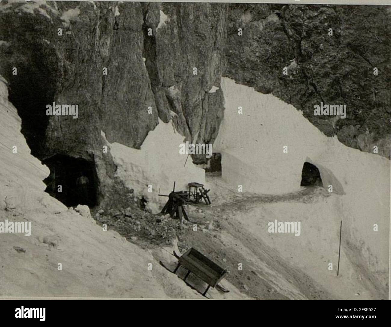 Accommodations in a rock cavity and elevator on the Korscharte. . Stock Photo
