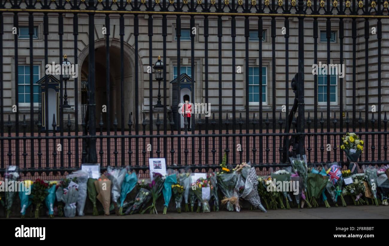 Flowers outside Buckingham Palace as tribute to Prince Philip, the duke