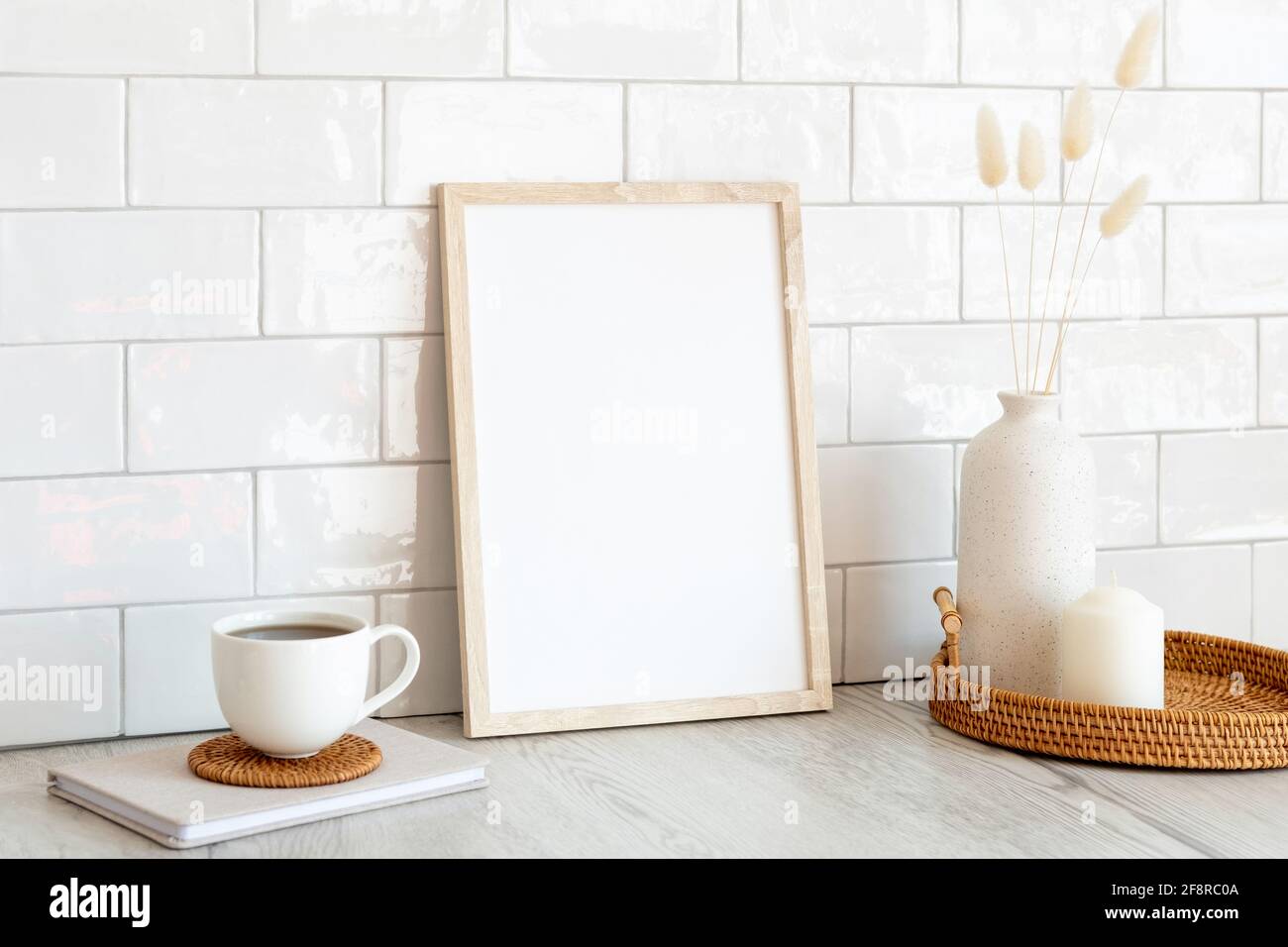 Download White Picture Frame Mockup And Home Decor On Table Scandinavian Living Room Interior Design Nordic Style Stock Photo Alamy