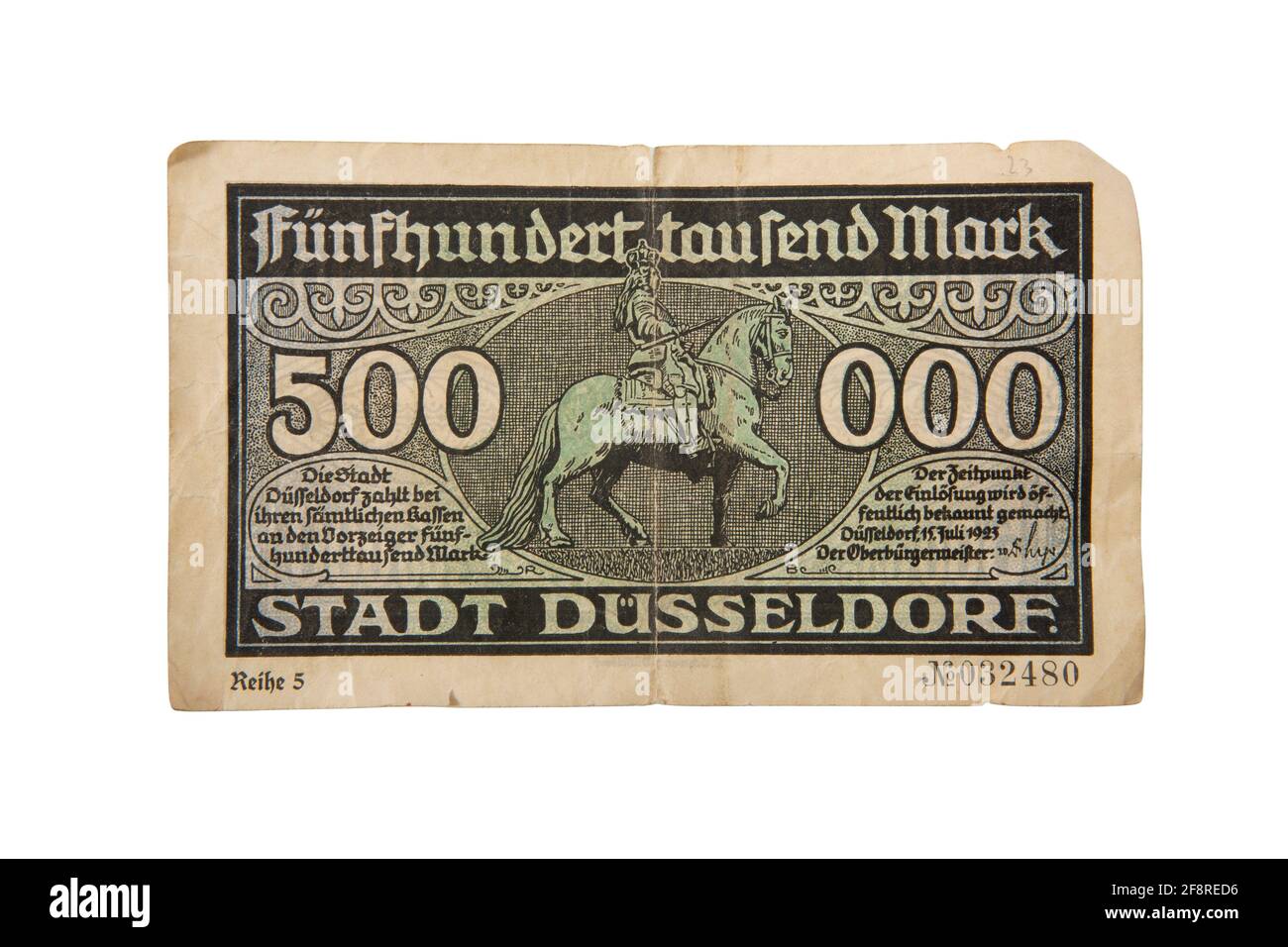 Geldschein über 500000 Mark der Stadt Düsseldorf. Fünfhunderttausen Mark Geldschein aus der Zeit der Inflation in den 20er Jahren nach dem 1. Weltkrie. Stock Photo
