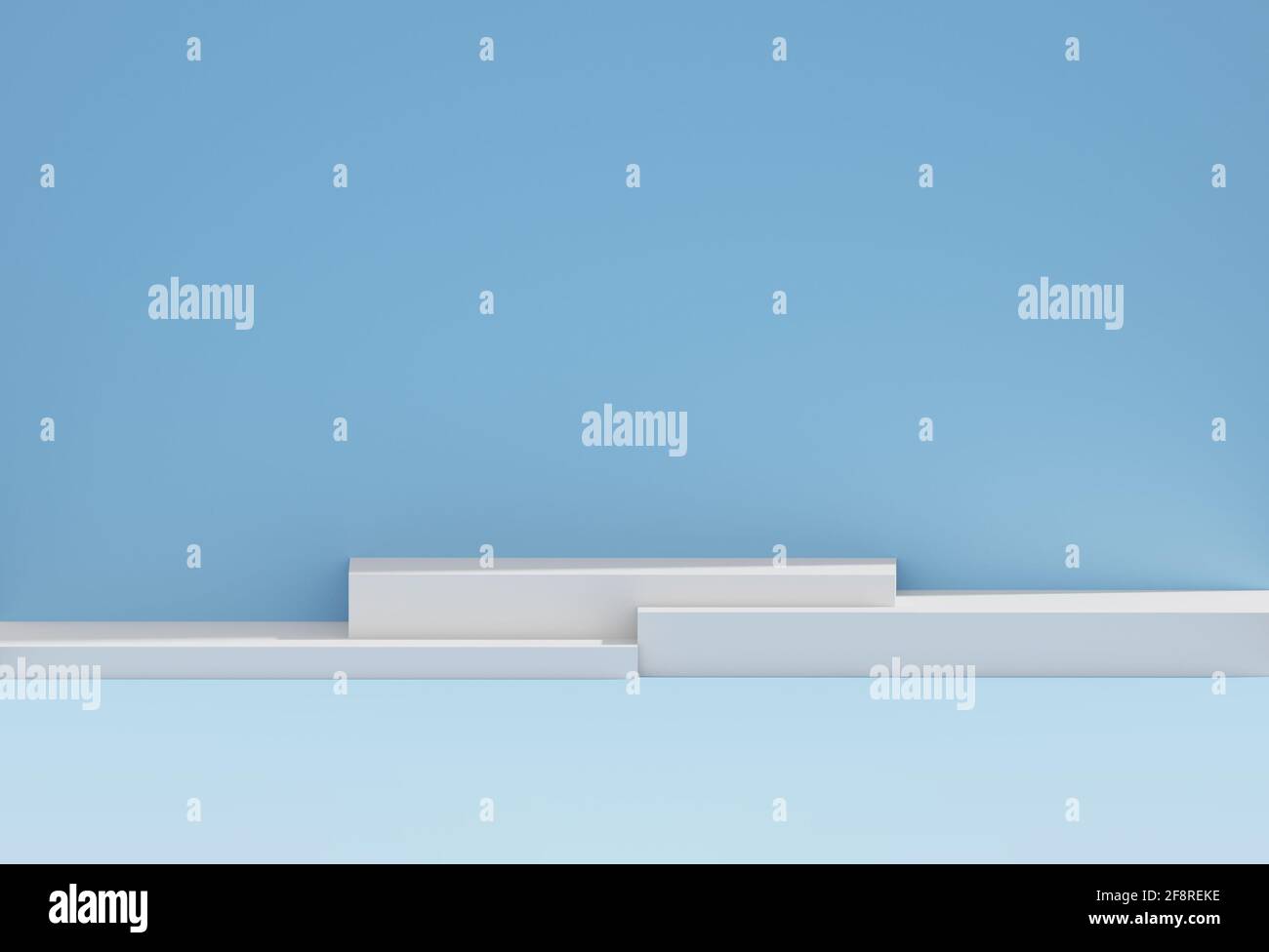 3D long podium in light blue room. Pedestal with light background as futuristic stand concept. Blank product shelf standing backdrop with copy space. Stock Photo