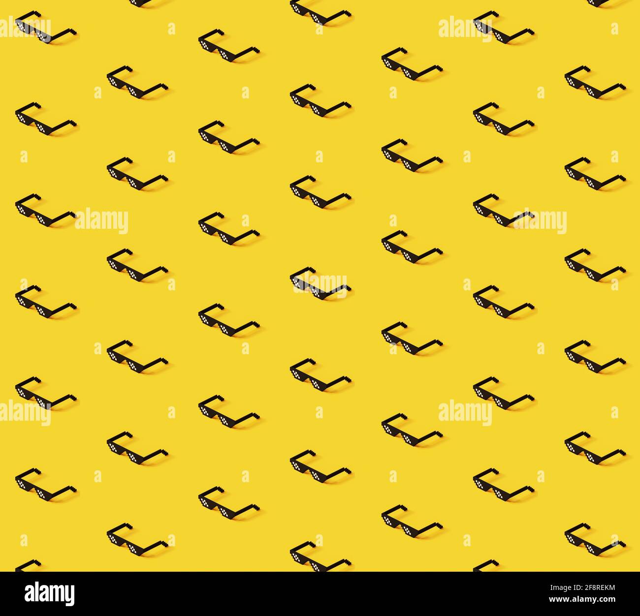 Thug life meme glasses pixel art 3d pattern. Isometric view of pixel art glasses, 3D rendered minimalistic pattern with yellow background. Web banner Stock Photo
