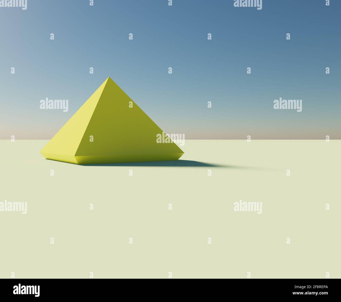 Egyptian pyramid inspired illustration. 3D rendered minimalistic pyramid shape illustration on yellow sand pastel colored background Stock Photo