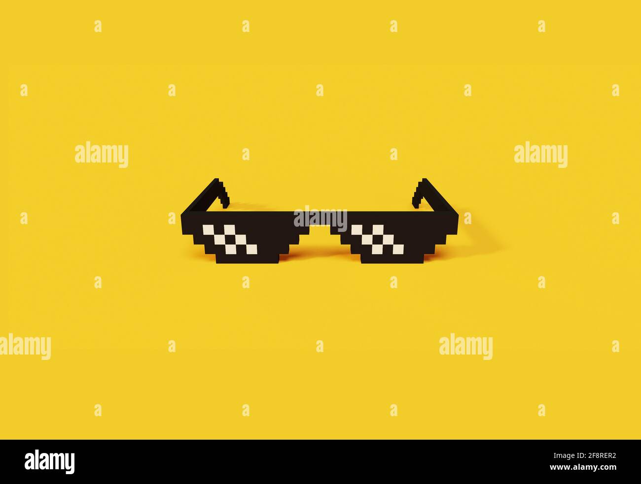 Thug life meme glasses pixel art modern iconic 3d object. Front view of pixel art glasses, 3D rendering minimalistic object on yellow background. Web Stock Photo