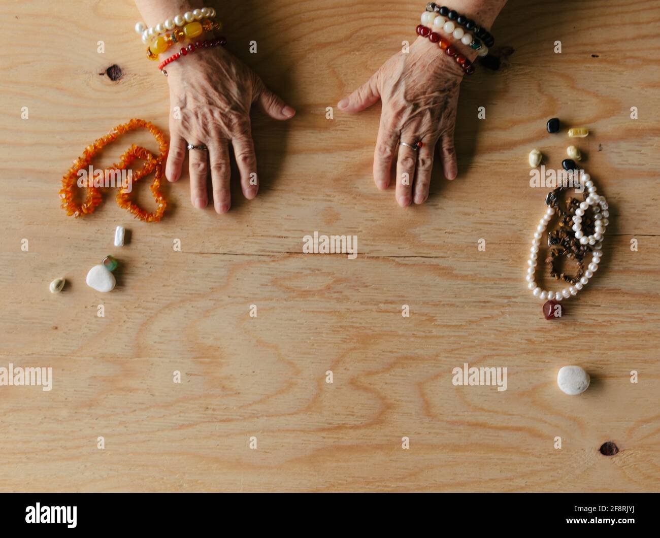 Grandma magic, fortune telling, palmistry. Chiromancy, women hands, destiny reading Stock Photo