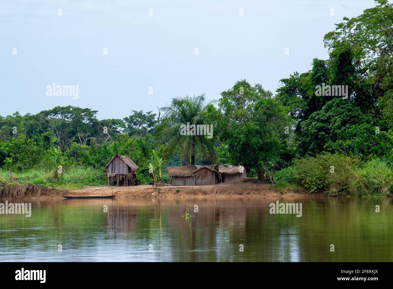 Village reflections, Congo river, Democratic Republic of Congo Stock Photo