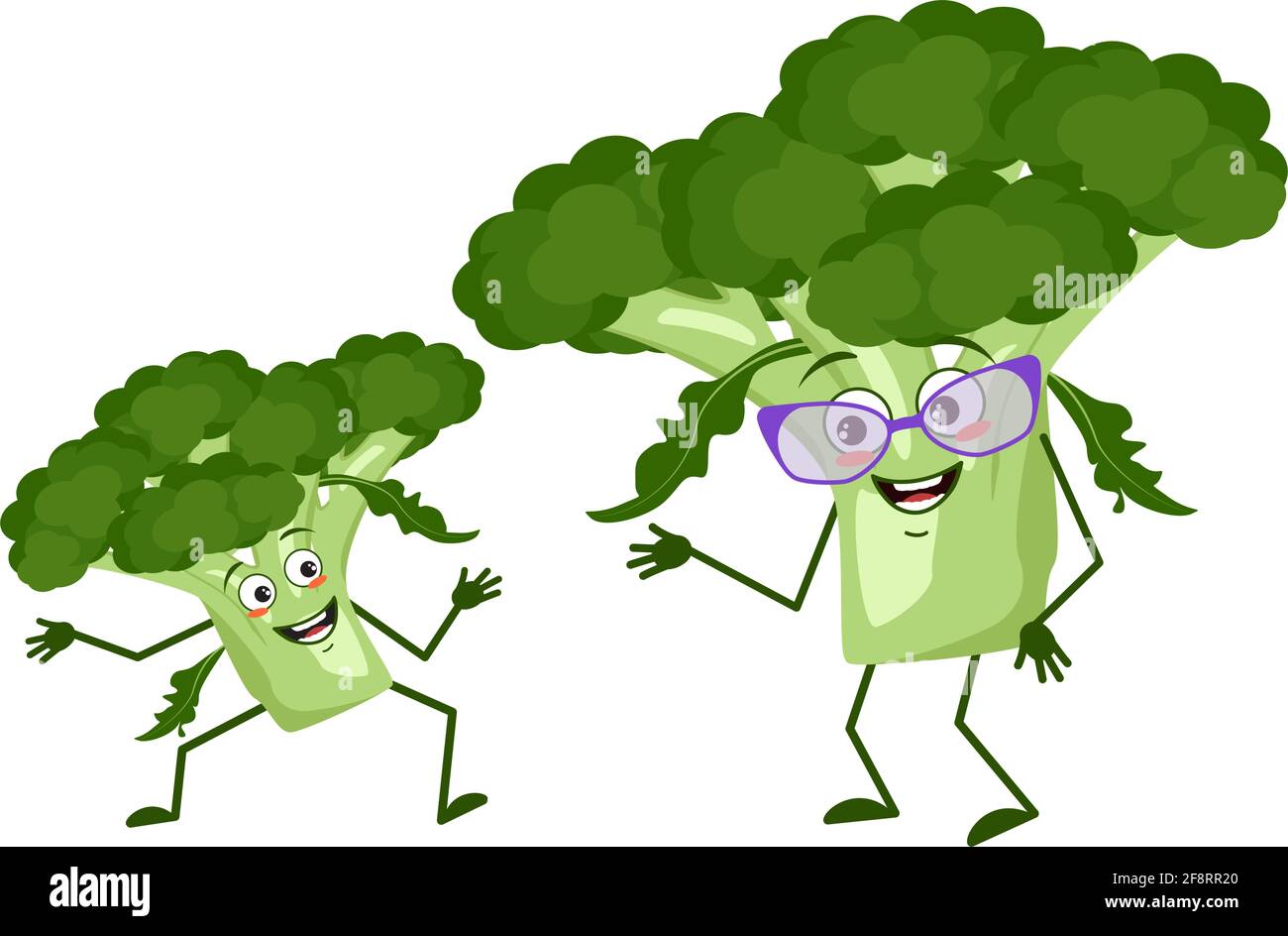 Cute broccoli characters funny grandmother and grandson, arms and legs. The funny or happy hero, green vegetable or cabbage Stock Vector