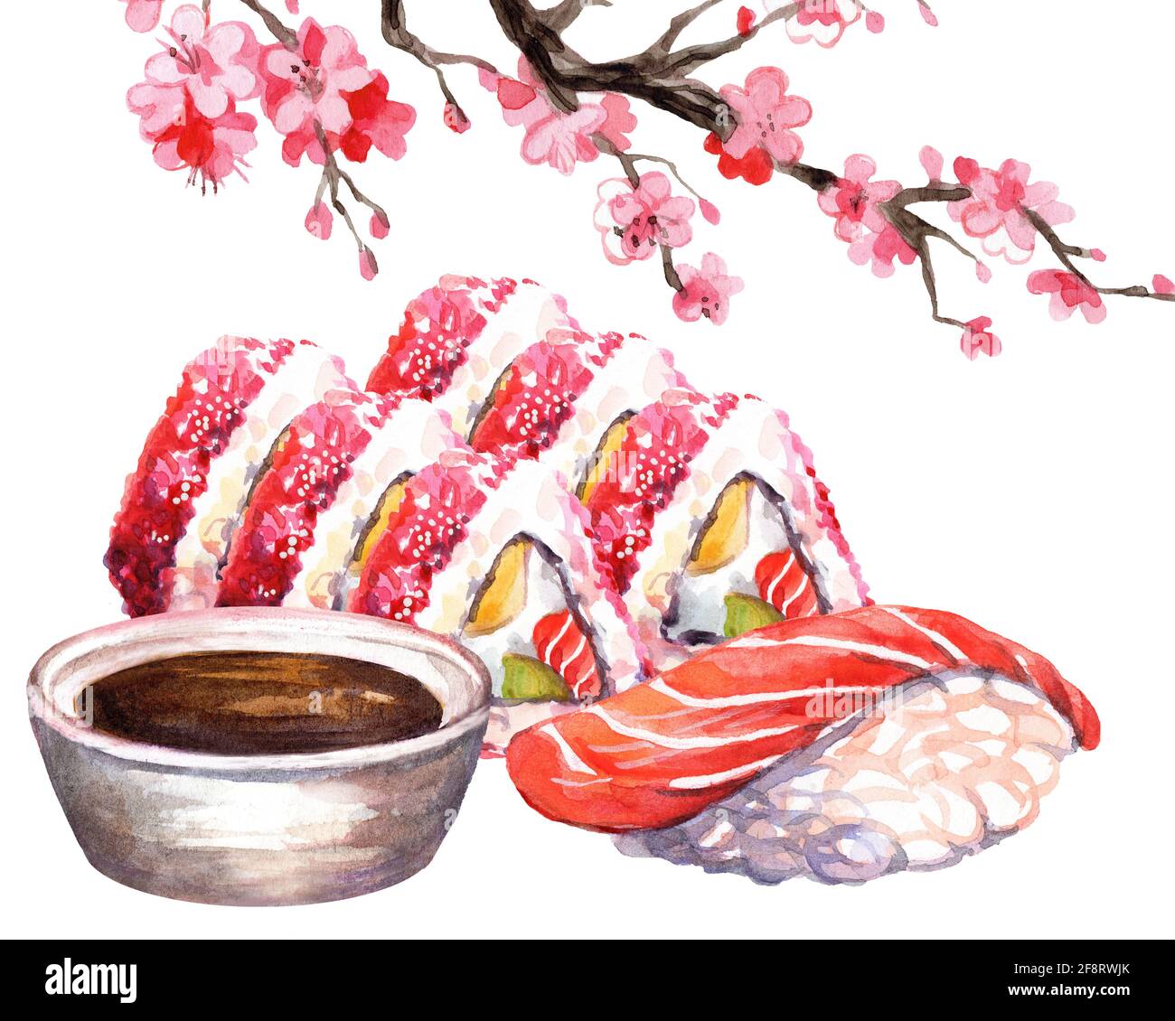 Japanese cuisine sushi with sakura blossom branch, watercolor illustration isolated on white background. For design sushi restaurant menu, cards, prin Stock Photo