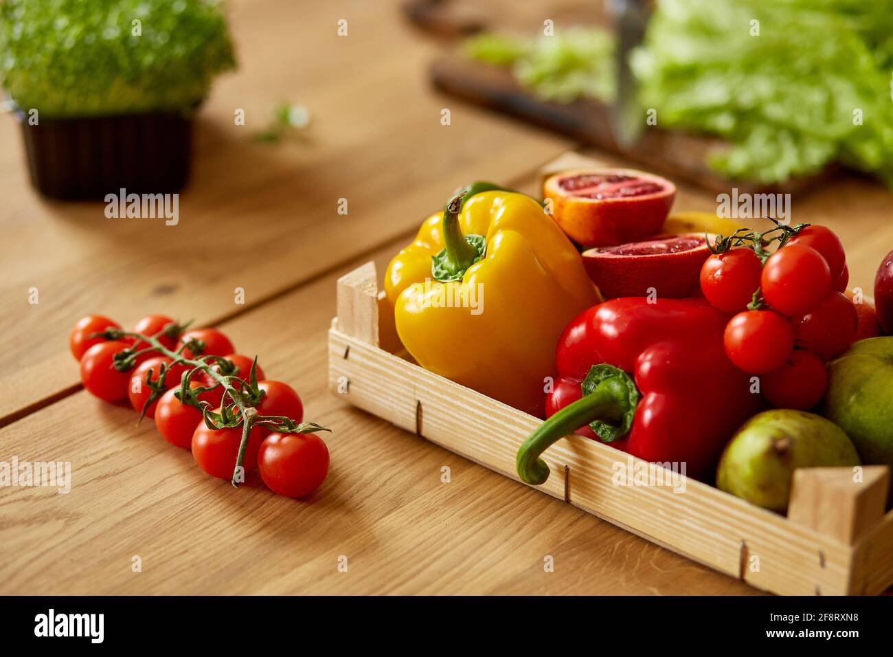 Wooden box with natural fresh vegetables and fruits for cooking. Bio ...