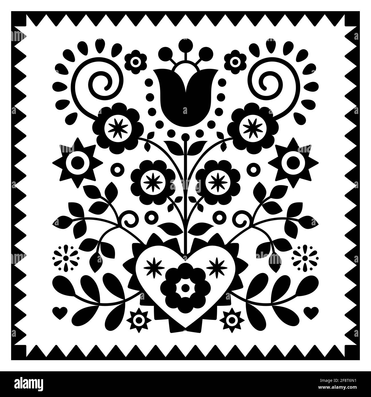 Floral monochrome folk art vector design in square frame from Nowy Sacz in Poland inspired by traditional highlanders embroidery Lachy Sadeckie Stock Vector
