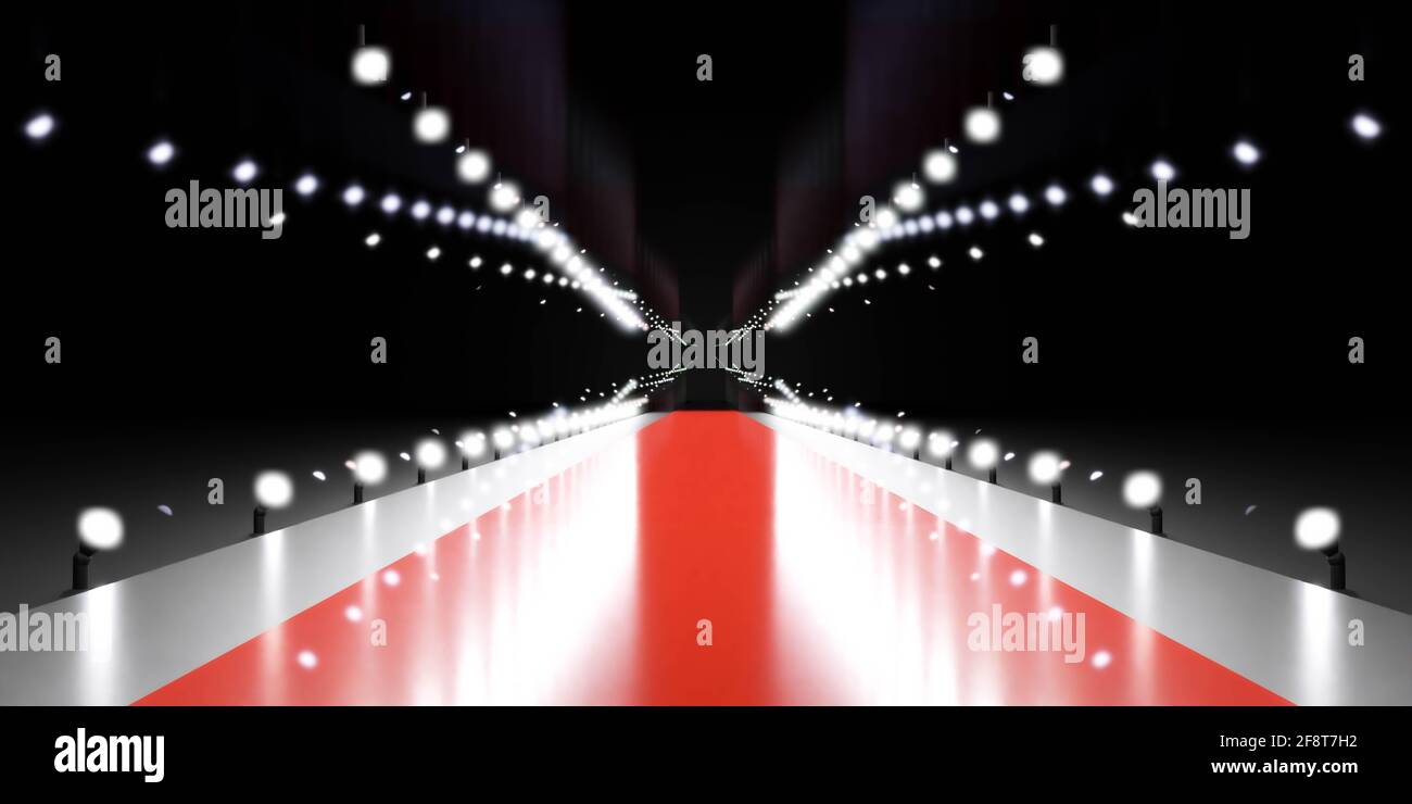 Red carpet on black background with lights and reflections 3d render ...
