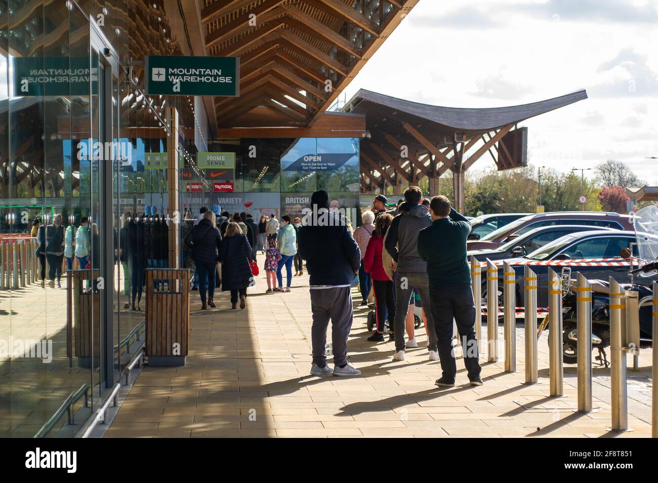 Taplow, Buckinghamshire, UK. 15th April, 2021. Following the easing of some  of the Coronavirus Covid-19 lockdown restrictions this week, shoppers were  queuing outside the Nike store at the Bishop Centre in Taplow