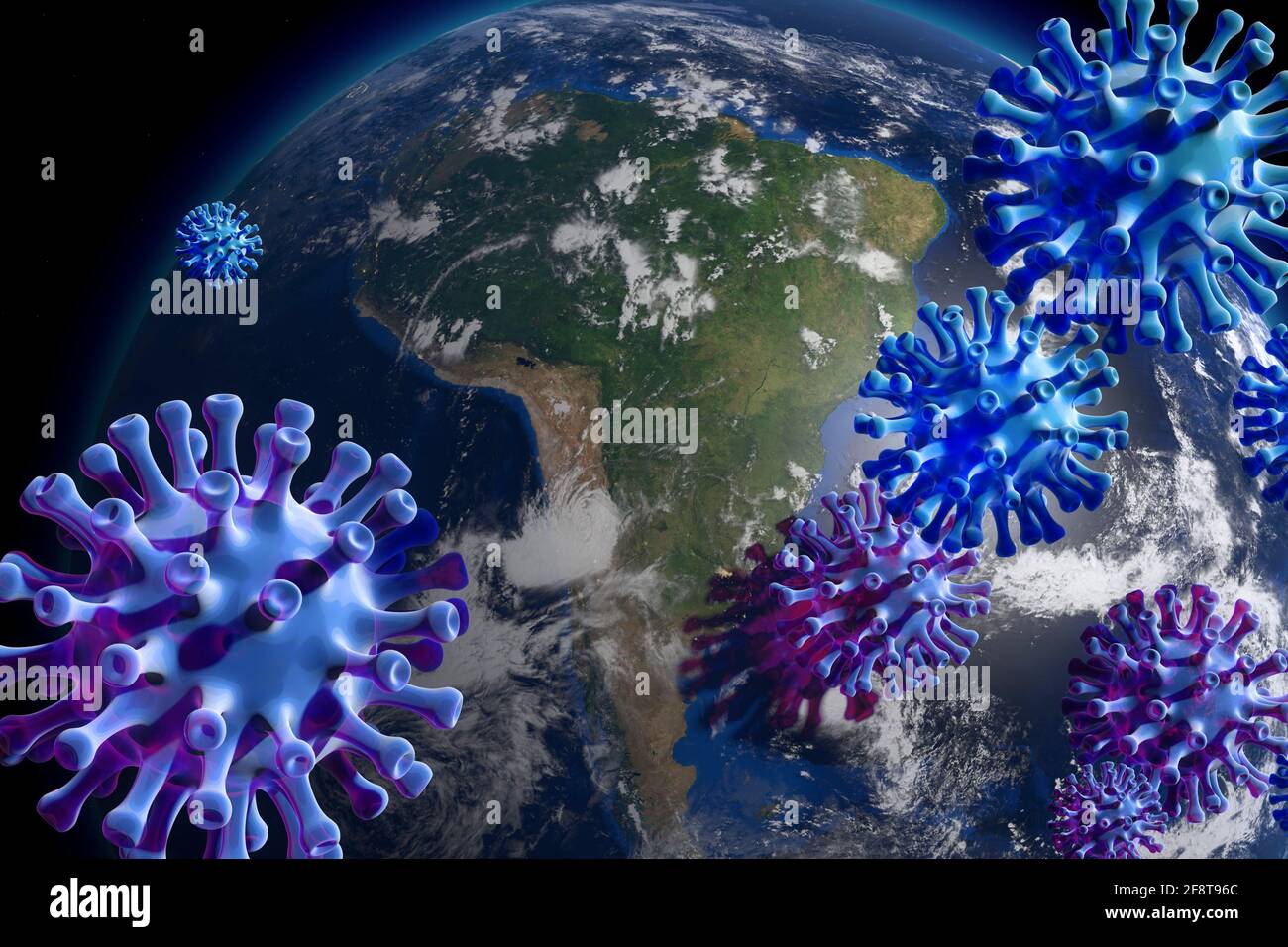 ein fieses Virus befaellt die Welt - Symbolbild: CGI-Visualisierung: Coronavirus Covid 19, SARS 2, Erdball im Weltall: Suedamerika/ a horrible new vir Stock Photo