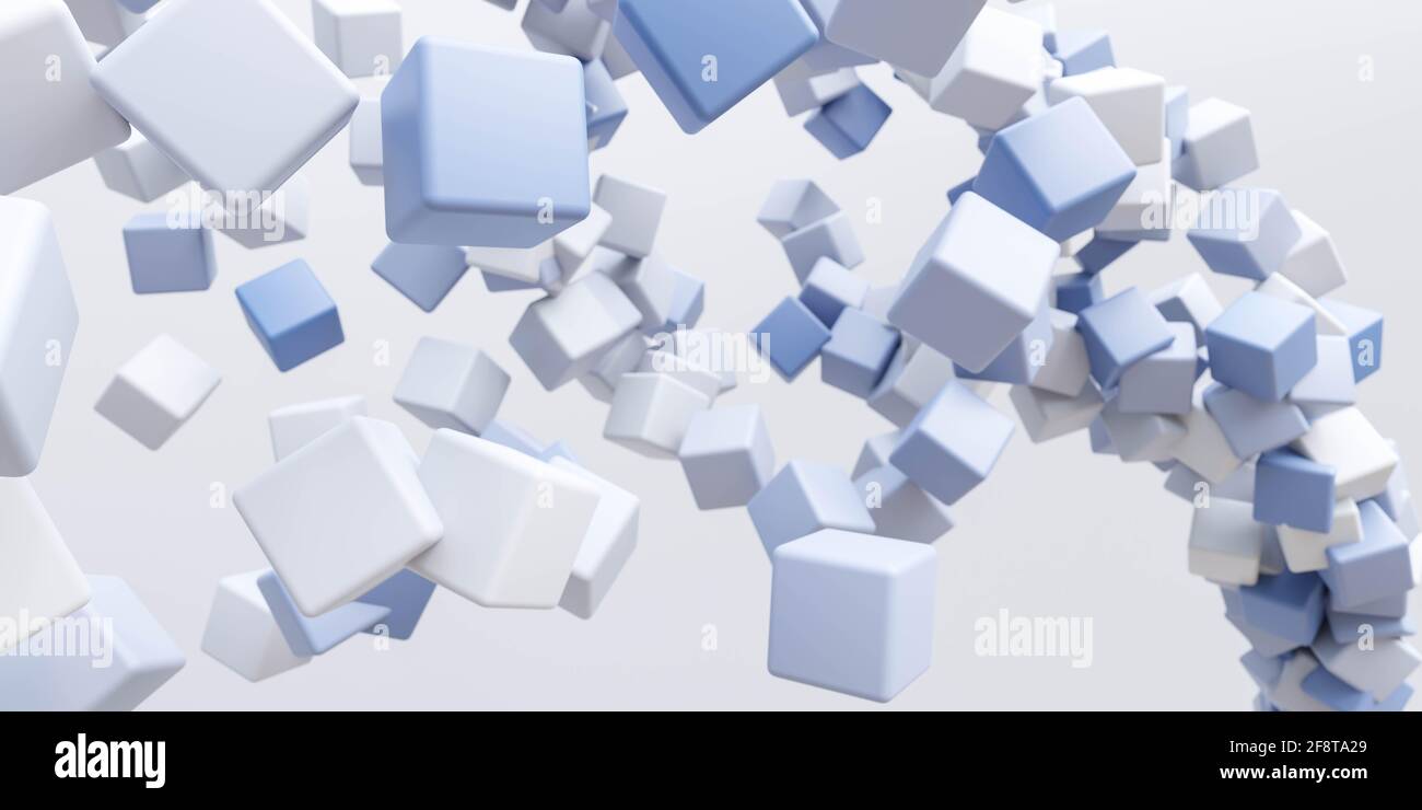 abstract flying rotating blue cubes background 3d render illustration ...