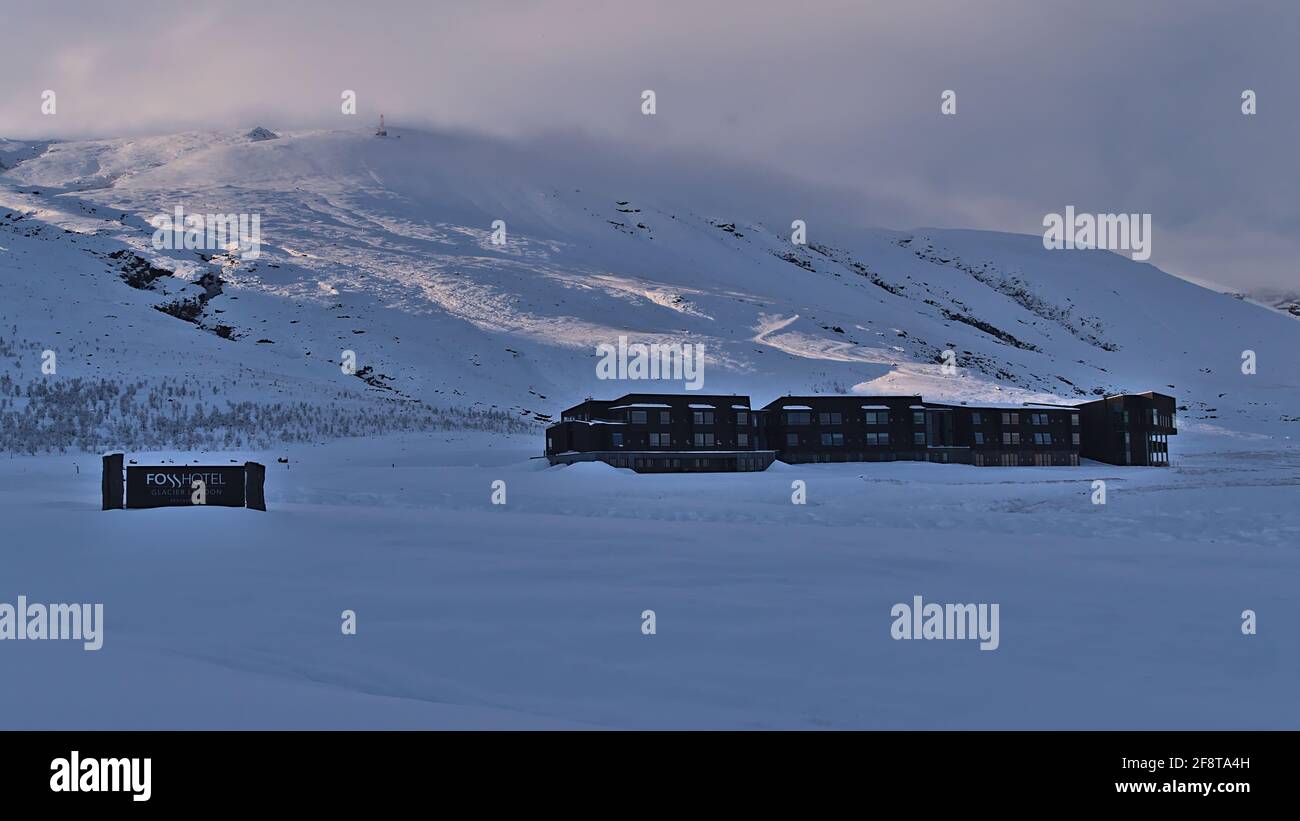 View of tourist accommodation Fosshotel Glacier Lagoon, operated by business Íslandshótel, the largest Icelandic hotel chain, in winter season. Stock Photo