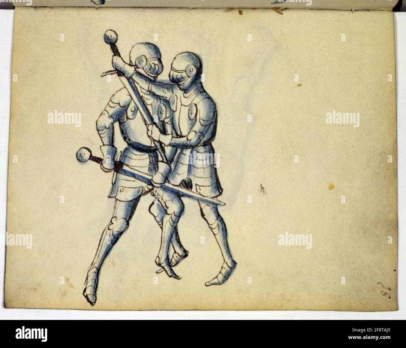Cod. 11093, fol. 18r: Book on Swordsmanship and Wrestling Full page: fencing scene; pen and brush drawing, Southwestern Germany, mid-15th c. Stock Photo