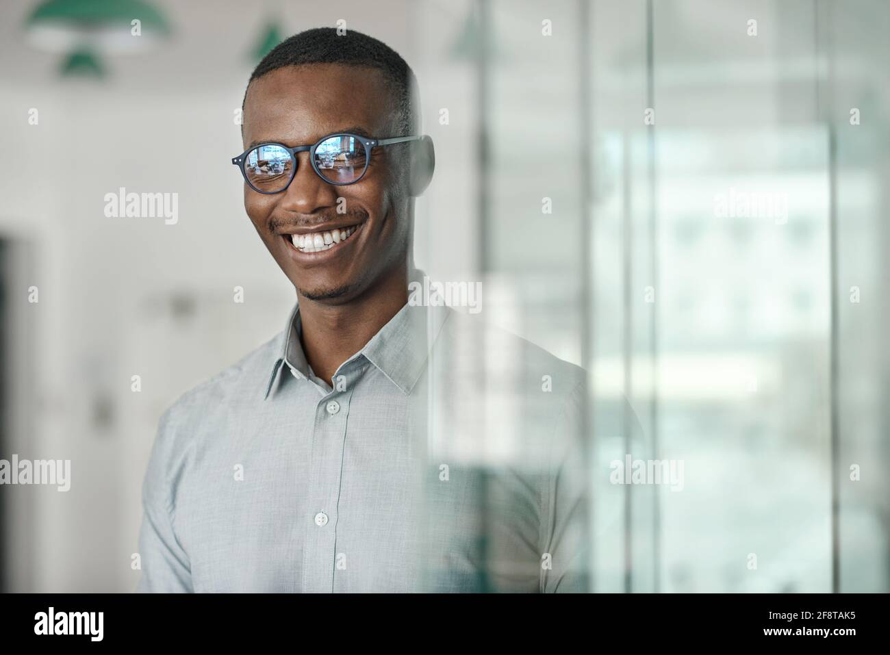 Smiling young African businessman standing in a modern office space ...