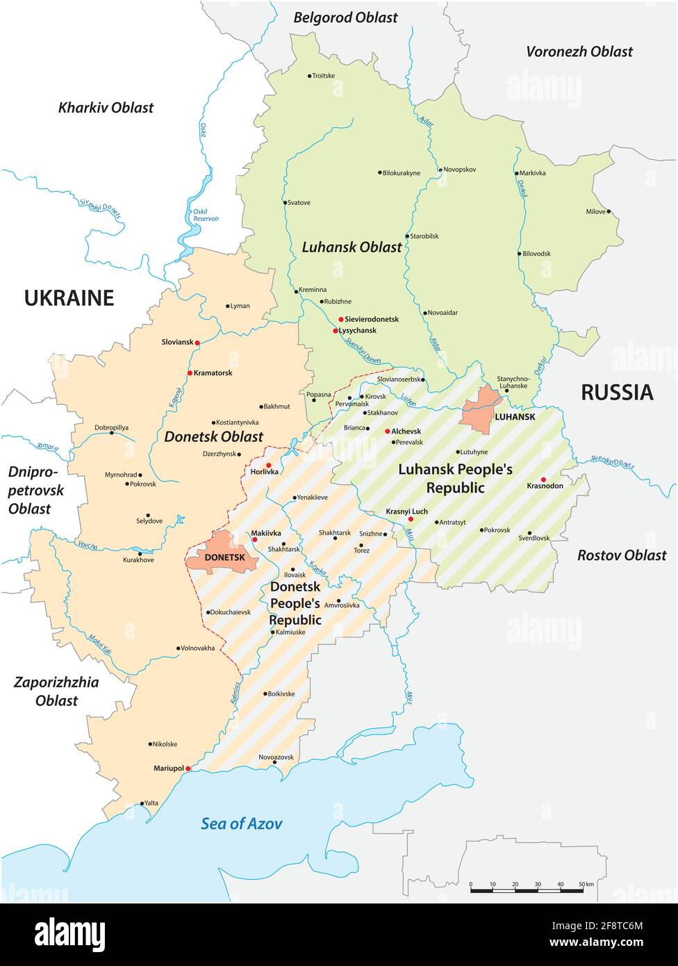 Map of the disputed Donbass region between Ukraine and Russia Stock Vector