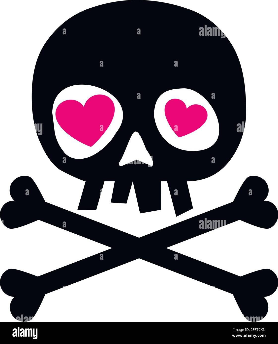 Pink skull with crossbones on black background with heart shaped eyes.  Vector illustration Stock Photo - Alamy