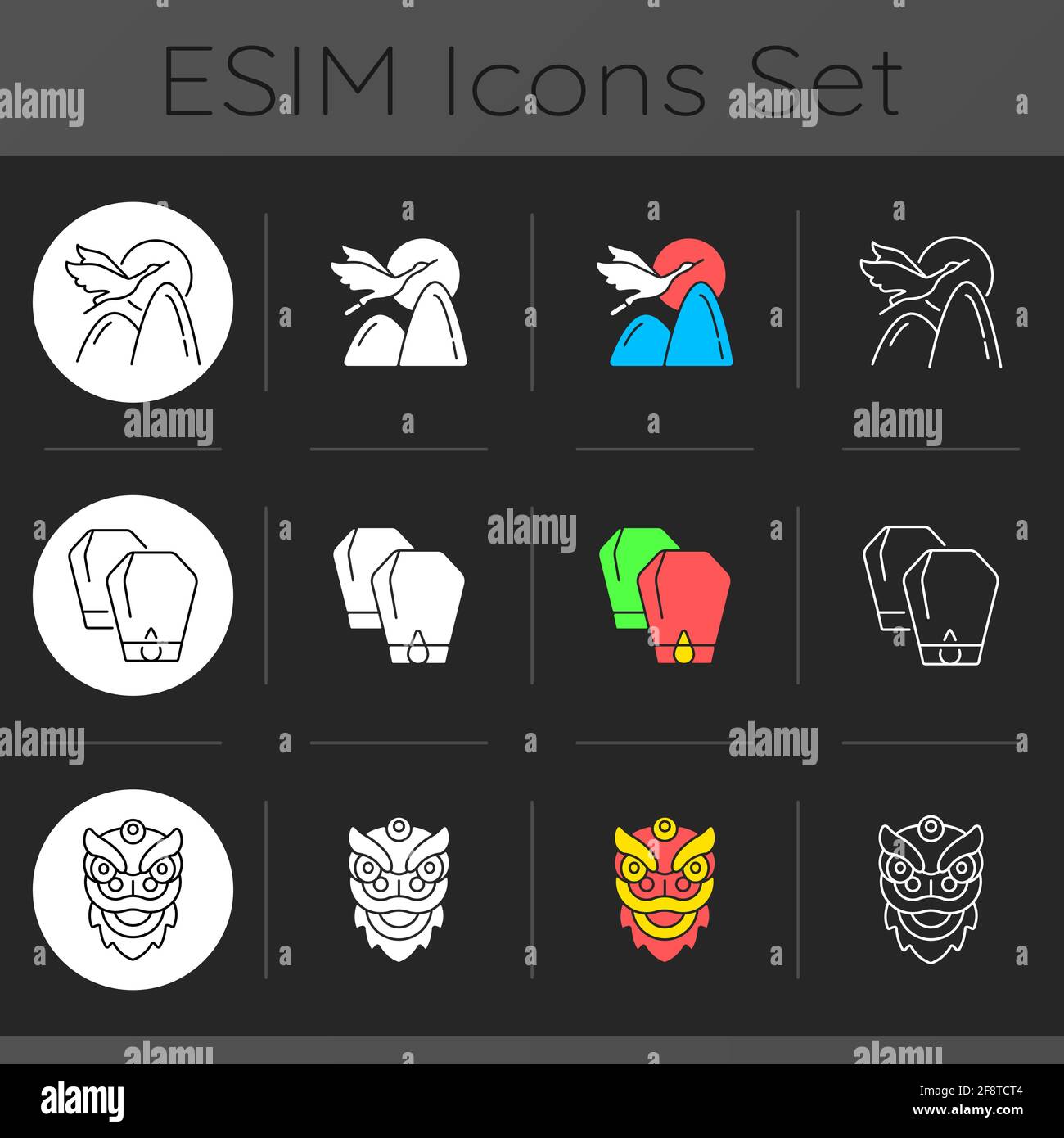 Chinese holidays dark theme icons set Stock Vector