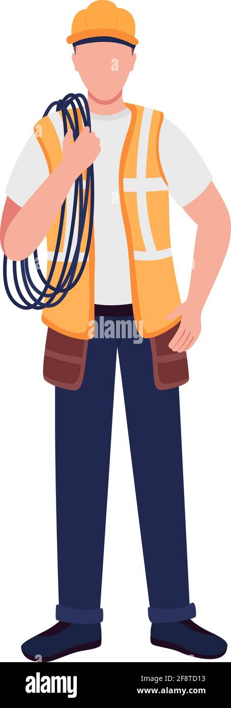Caucasian male electrical engineer flat color vector faceless character ...
